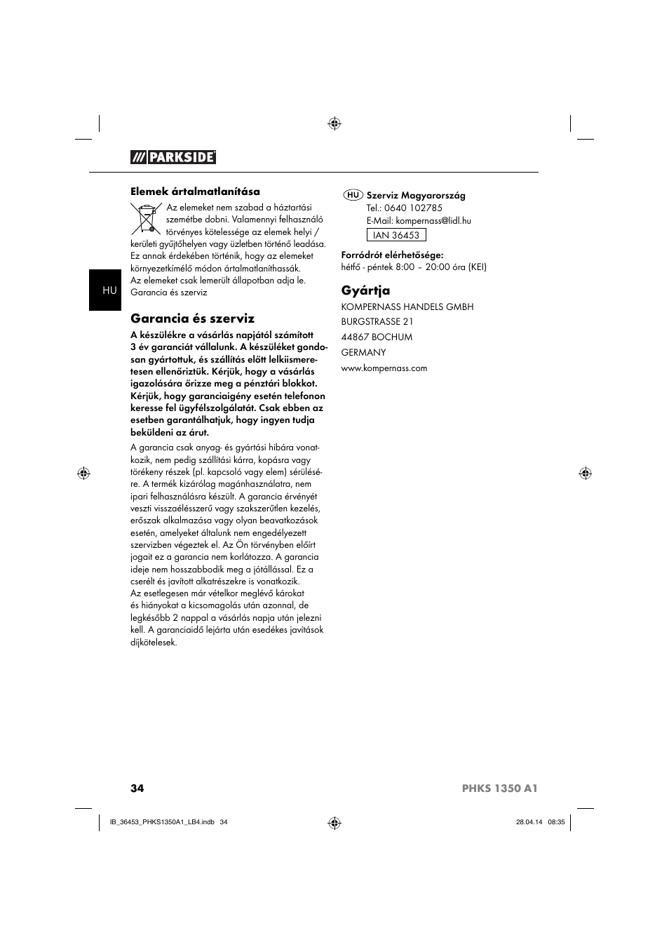 Garancia és szerviz, Gyártja | Parkside PHKS 1350 A1 User Manual | Page 37 / 88