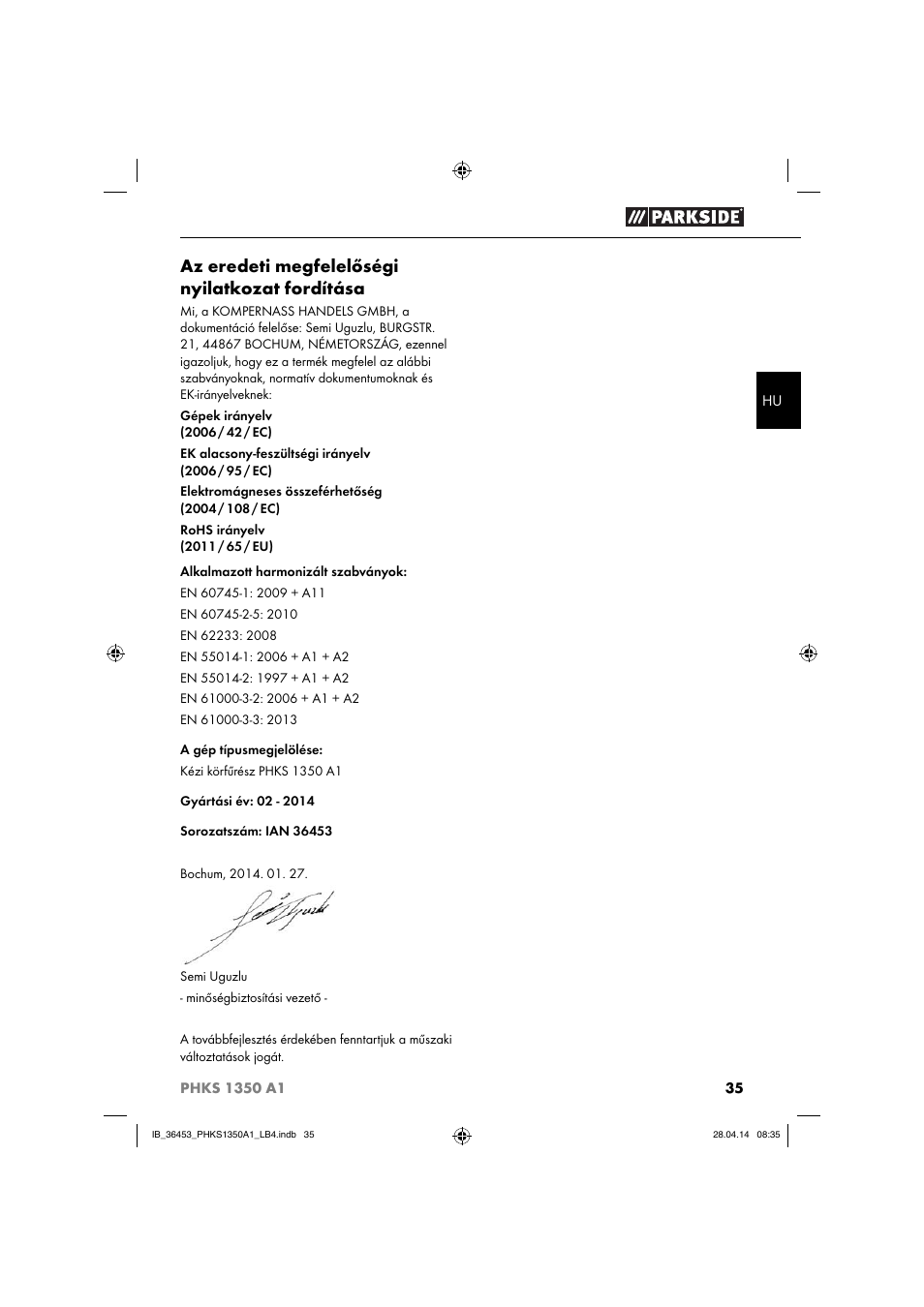 Az eredeti megfelelőségi nyilatkozat fordítása | Parkside PHKS 1350 A1 User Manual | Page 38 / 88