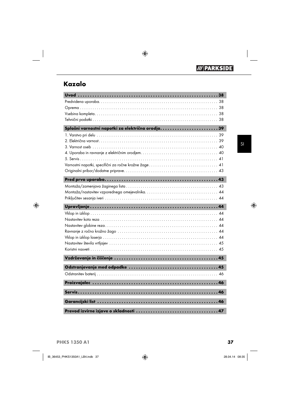 Kazalo | Parkside PHKS 1350 A1 User Manual | Page 40 / 88