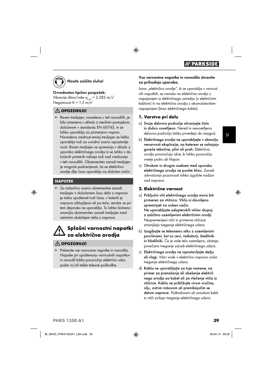 Splošni varnostni napotki za električna orodja | Parkside PHKS 1350 A1 User Manual | Page 42 / 88