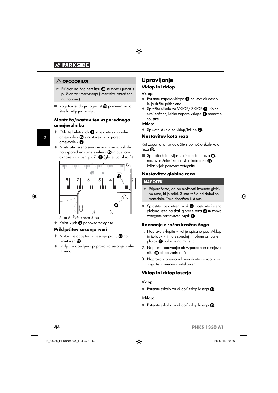Upravljanje | Parkside PHKS 1350 A1 User Manual | Page 47 / 88