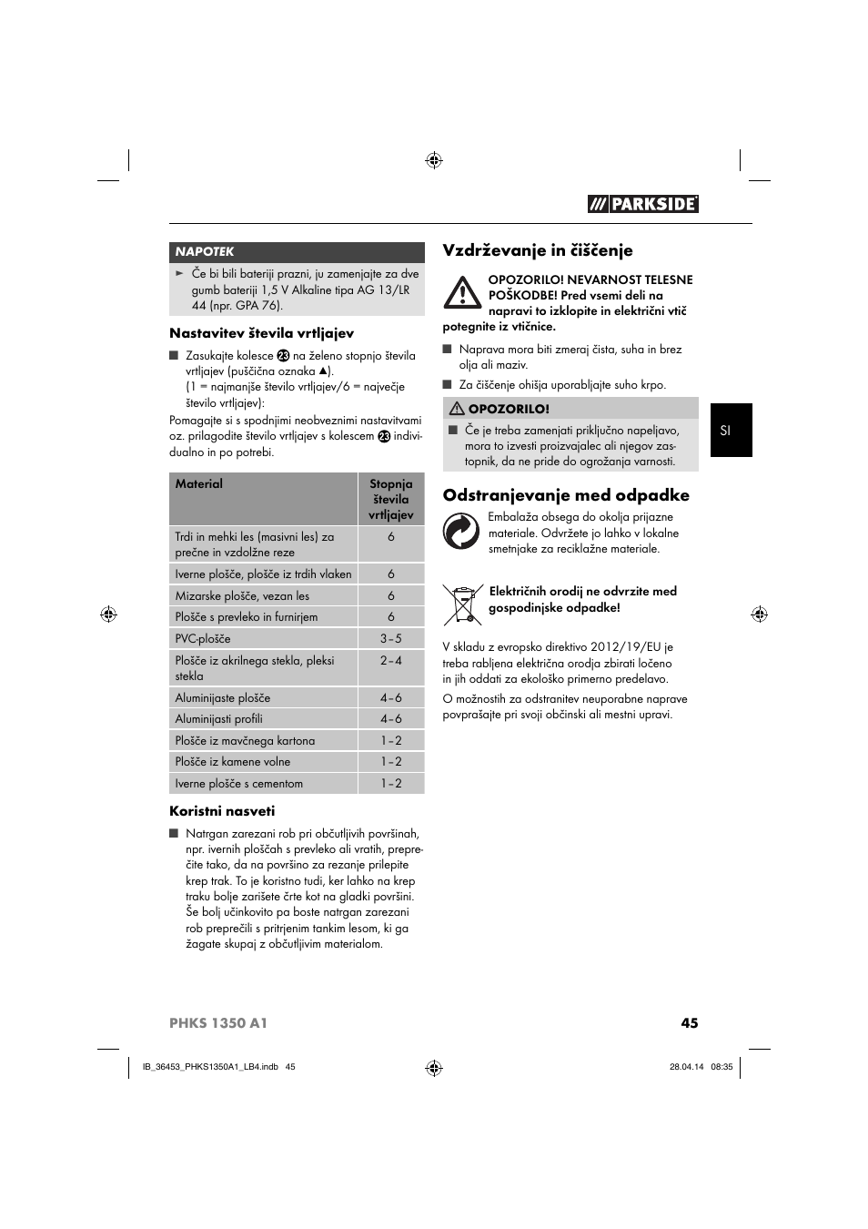 Vzdrževanje in čiščenje, Odstranjevanje med odpadke | Parkside PHKS 1350 A1 User Manual | Page 48 / 88