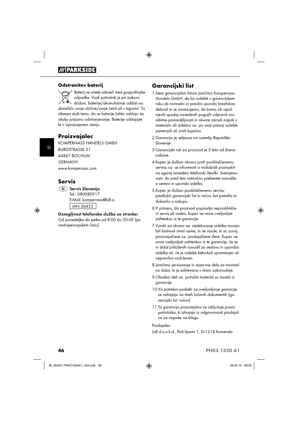 Proizvajalec, Servis, Garancijski list | Parkside PHKS 1350 A1 User Manual | Page 49 / 88