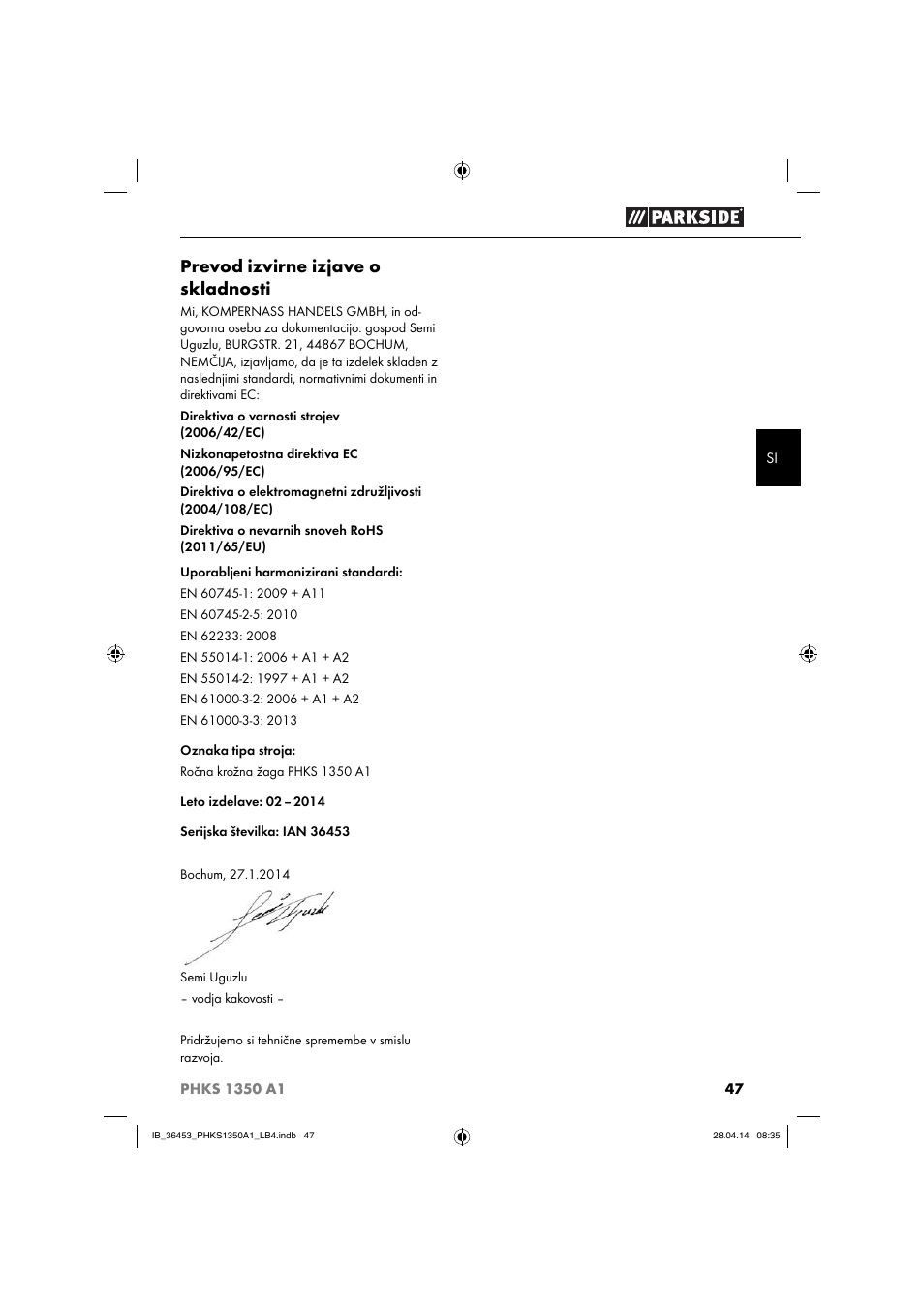 Prevod izvirne izjave o skladnosti | Parkside PHKS 1350 A1 User Manual | Page 50 / 88