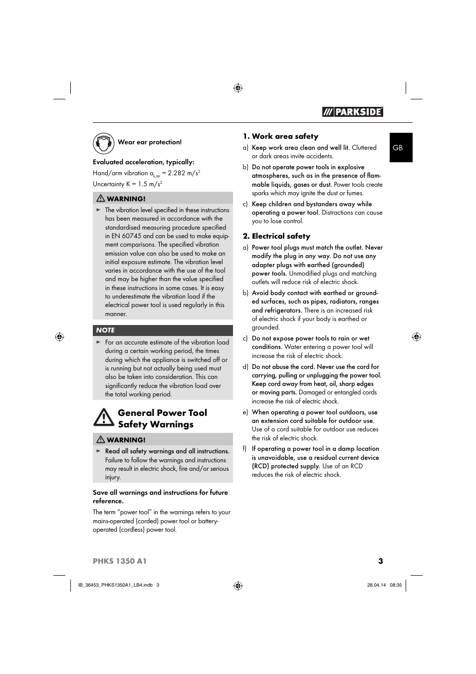 General power tool safety warnings | Parkside PHKS 1350 A1 User Manual | Page 6 / 88