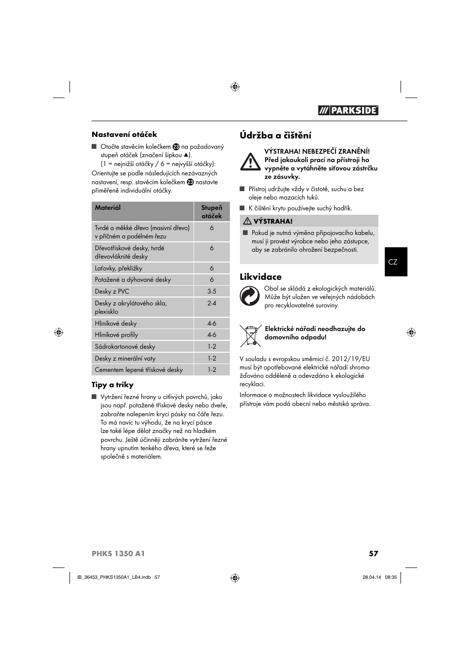 Údržba a čištění, Likvidace | Parkside PHKS 1350 A1 User Manual | Page 60 / 88