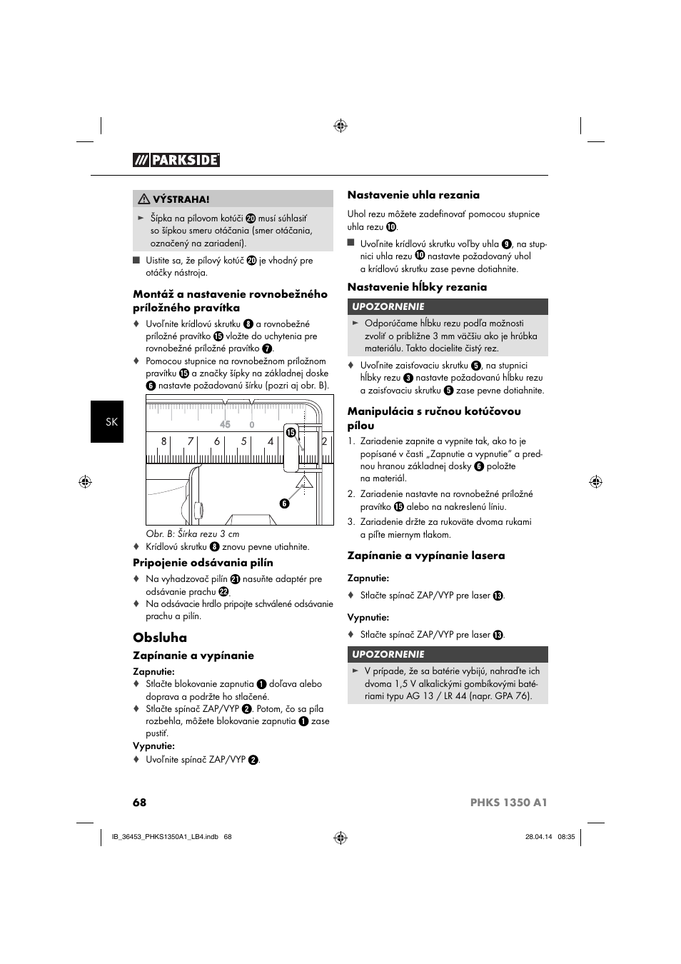 Obsluha | Parkside PHKS 1350 A1 User Manual | Page 71 / 88