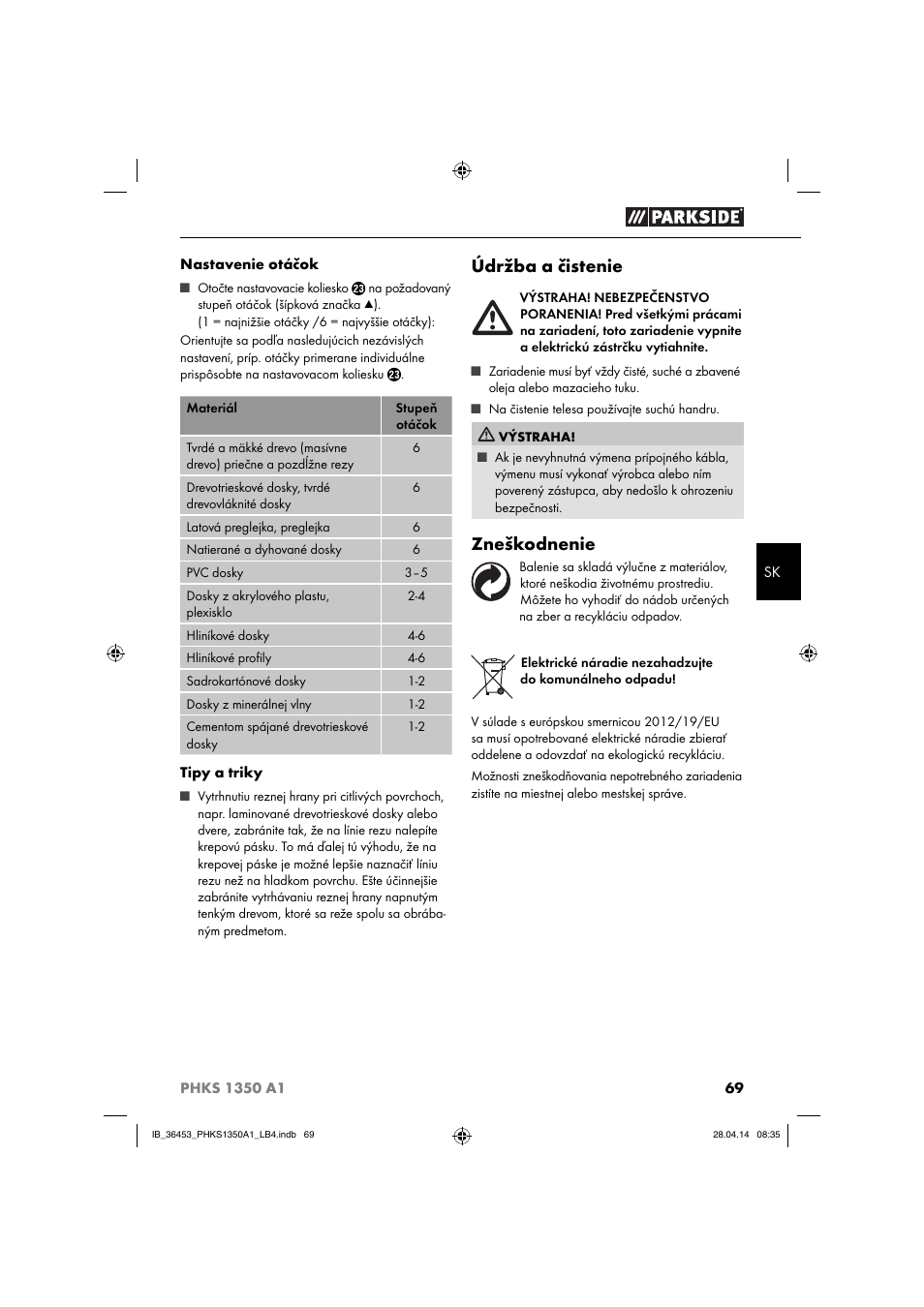 Údržba a čistenie, Zneškodnenie | Parkside PHKS 1350 A1 User Manual | Page 72 / 88