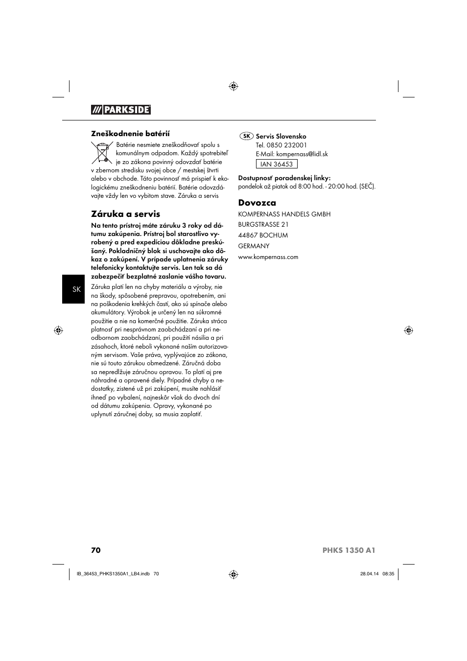 Záruka a servis, Dovozca | Parkside PHKS 1350 A1 User Manual | Page 73 / 88