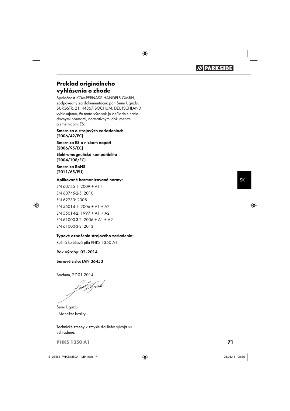 Preklad originálneho vyhlásenia o zhode | Parkside PHKS 1350 A1 User Manual | Page 74 / 88