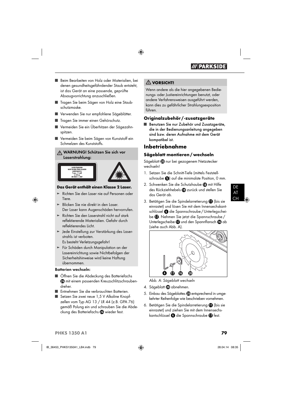 Inbetriebnahme | Parkside PHKS 1350 A1 User Manual | Page 82 / 88