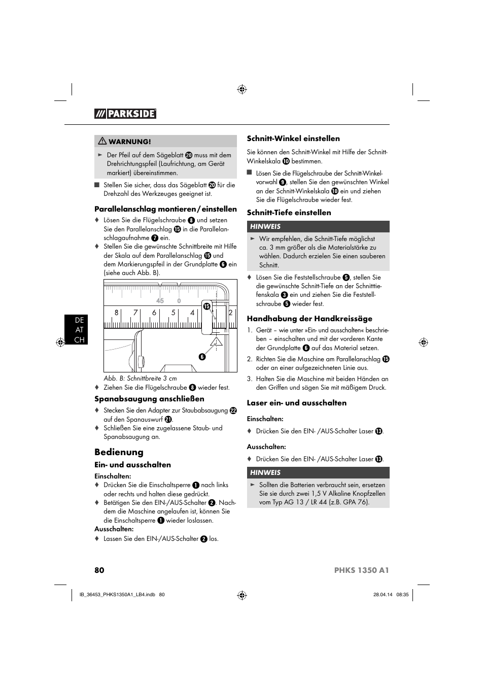 Bedienung | Parkside PHKS 1350 A1 User Manual | Page 83 / 88