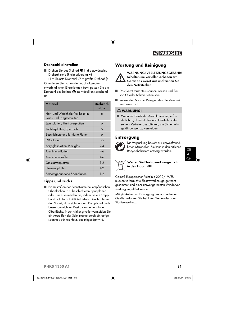 Wartung und reinigung, Entsorgung | Parkside PHKS 1350 A1 User Manual | Page 84 / 88