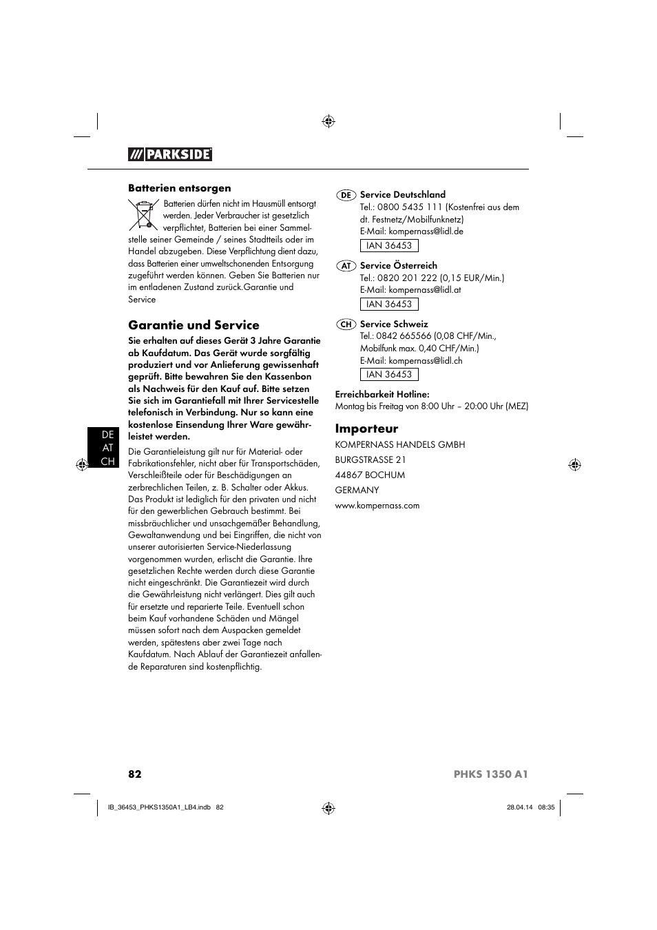 Garantie und service, Importeur | Parkside PHKS 1350 A1 User Manual | Page 85 / 88