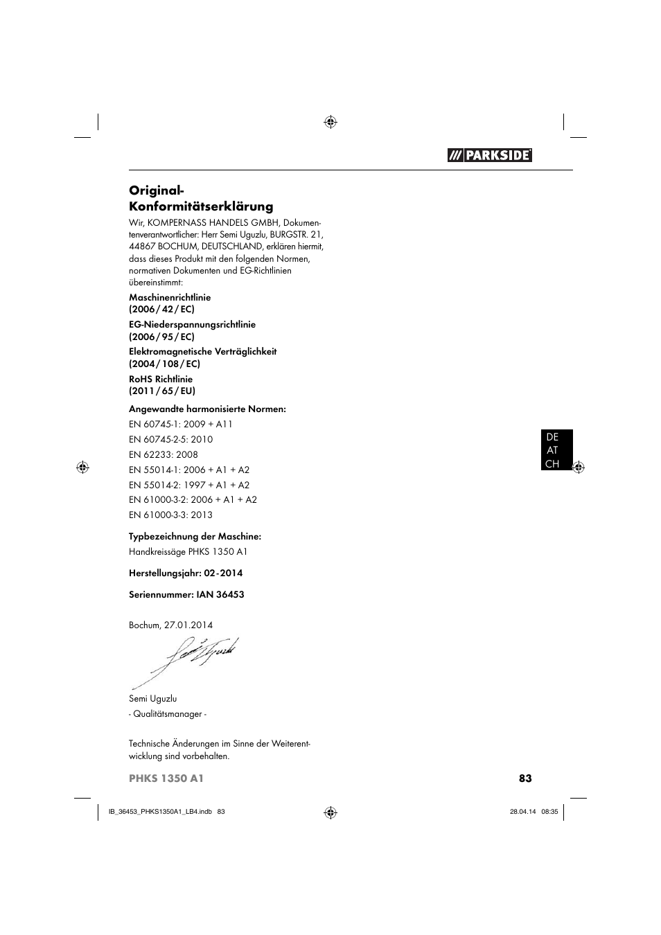 Original- konformitätserklärung | Parkside PHKS 1350 A1 User Manual | Page 86 / 88