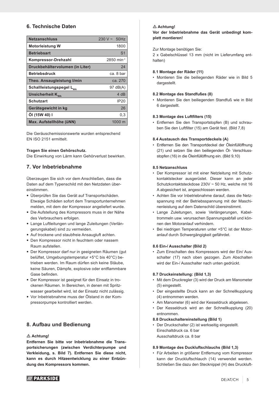 Technische daten, Vor inbetriebnahme, Aufbau und bedienung | Parkside PKO 270 A1 User Manual | Page 10 / 56