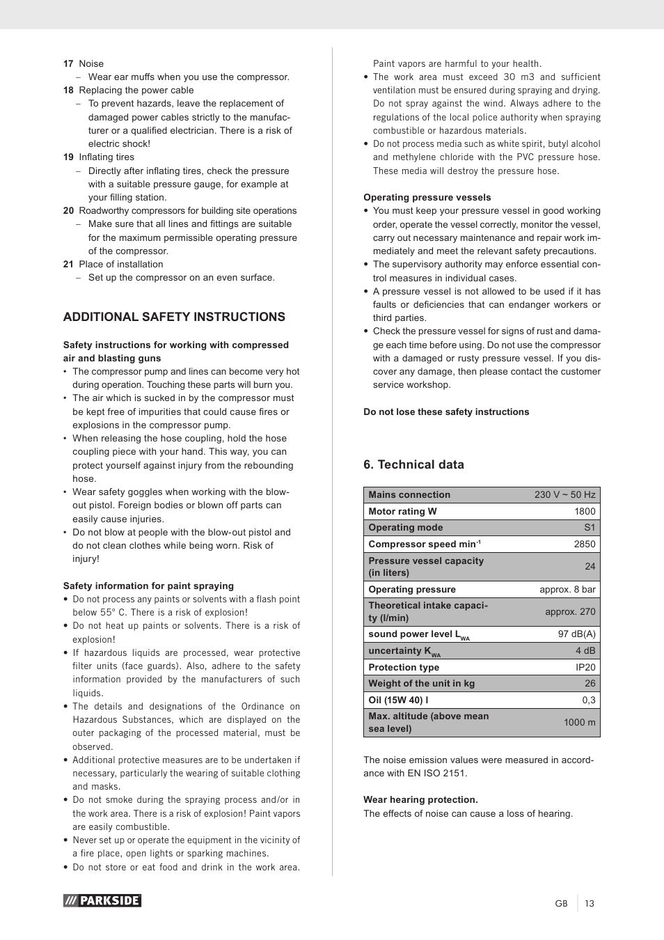 Additional safety instructions, Technical data | Parkside PKO 270 A1 User Manual | Page 18 / 56