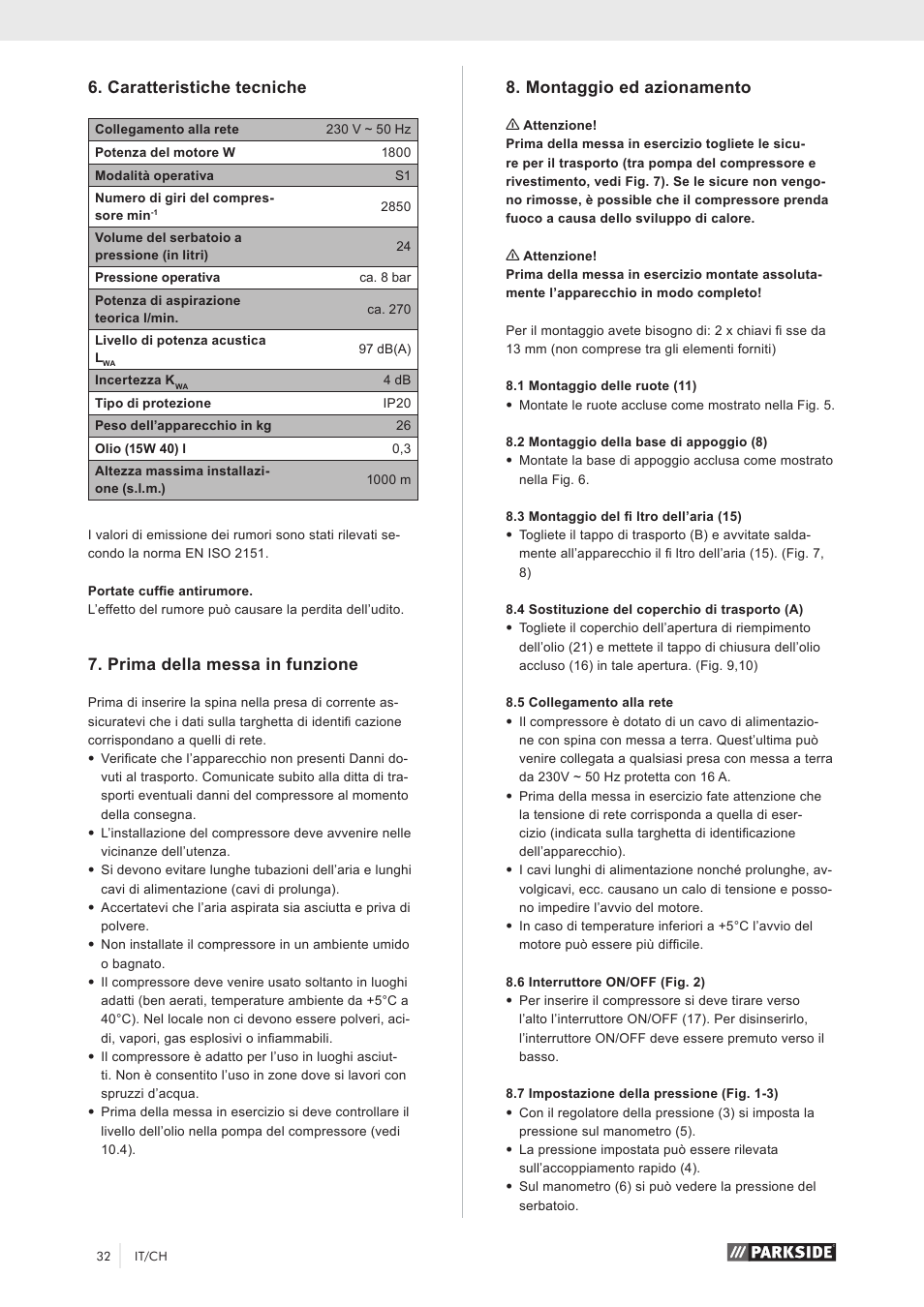 Caratteristiche tecniche, Prima della messa in funzione, Montaggio ed azionamento | Parkside PKO 270 A1 User Manual | Page 37 / 56