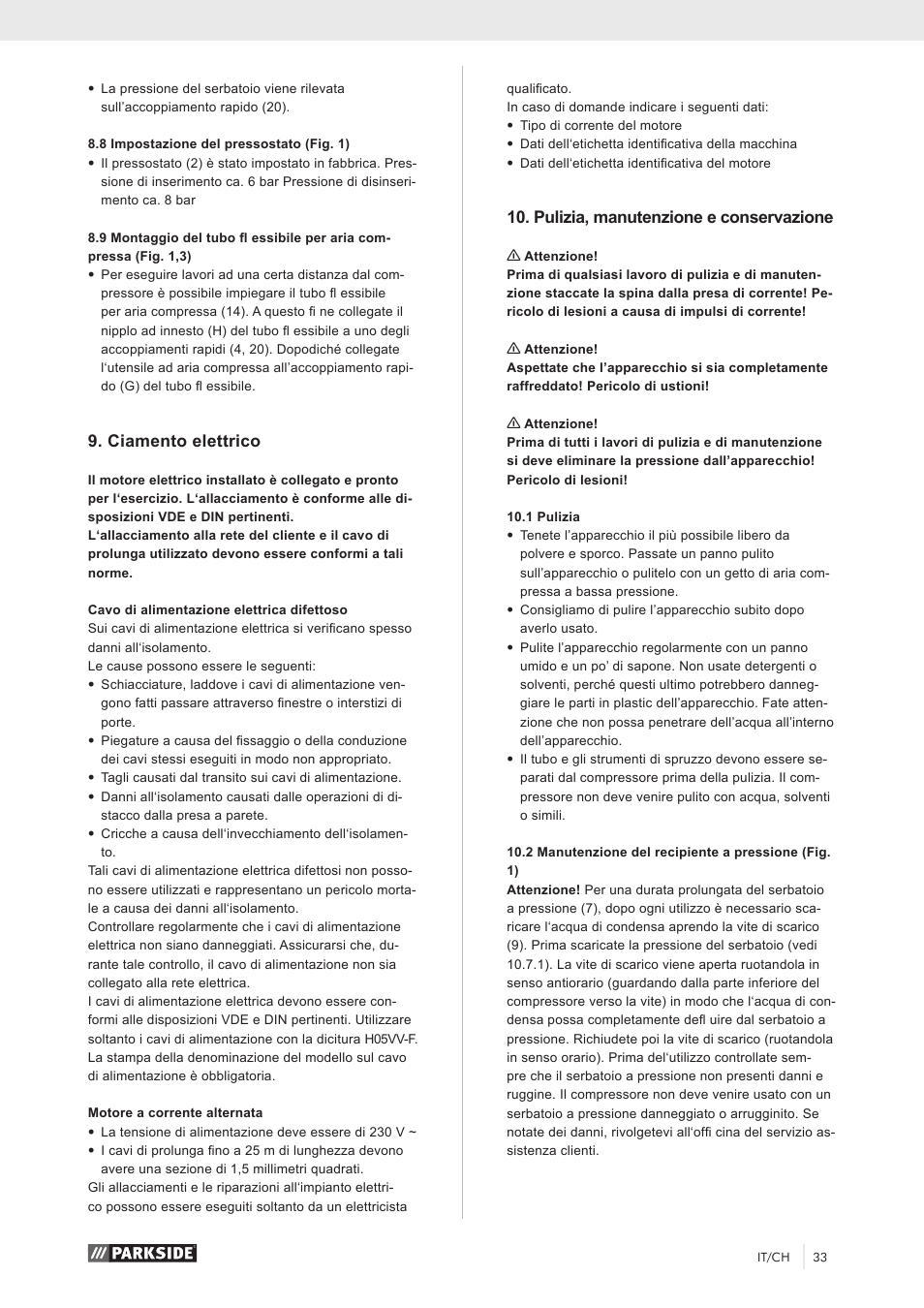 Ciamento elettrico, Pulizia, manutenzione e conservazione | Parkside PKO 270 A1 User Manual | Page 38 / 56