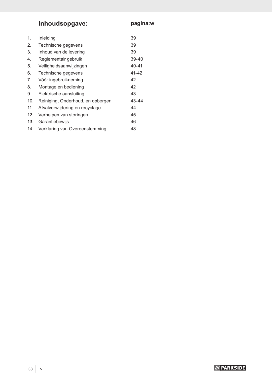 Inhoudsopgave | Parkside PKO 270 A1 User Manual | Page 43 / 56