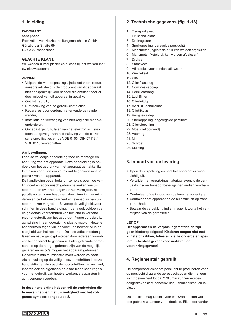 Inleiding, Technische gegevens (fig. 1-13), Inhoud van de levering | Reglementair gebruik | Parkside PKO 270 A1 User Manual | Page 44 / 56