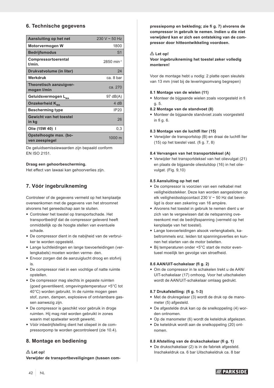 Technische gegevens, Vóór ingebruikneming, Montage en bediening | Parkside PKO 270 A1 User Manual | Page 47 / 56