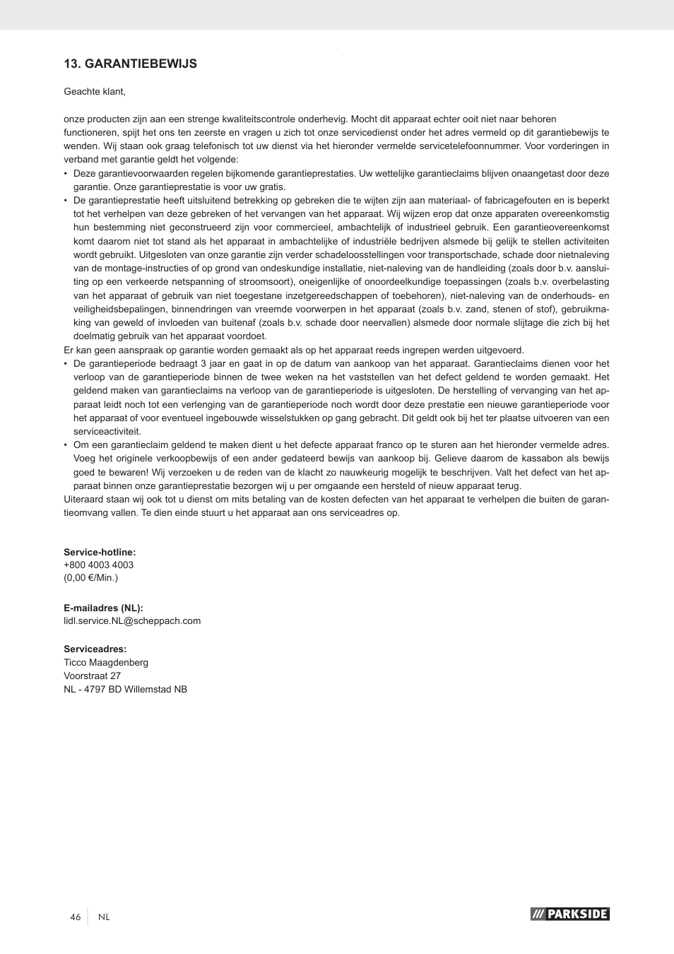 Garantiebewijs | Parkside PKO 270 A1 User Manual | Page 51 / 56