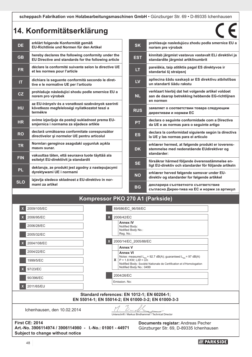 Konformitätserklärung, Kompressor pko 270 a1 (parkside) | Parkside PKO 270 A1 User Manual | Page 53 / 56