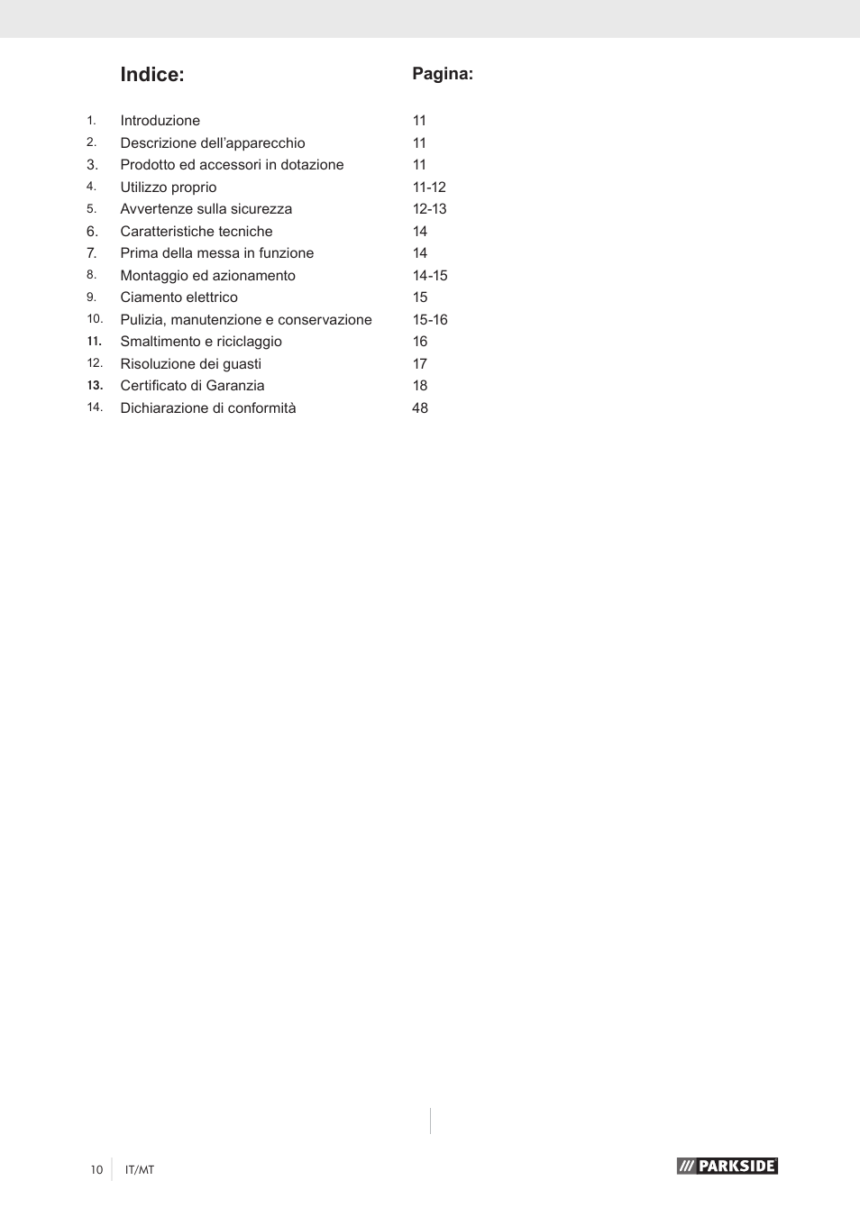 Indice, Pagina | Parkside PKO 270 A1 User Manual | Page 15 / 56