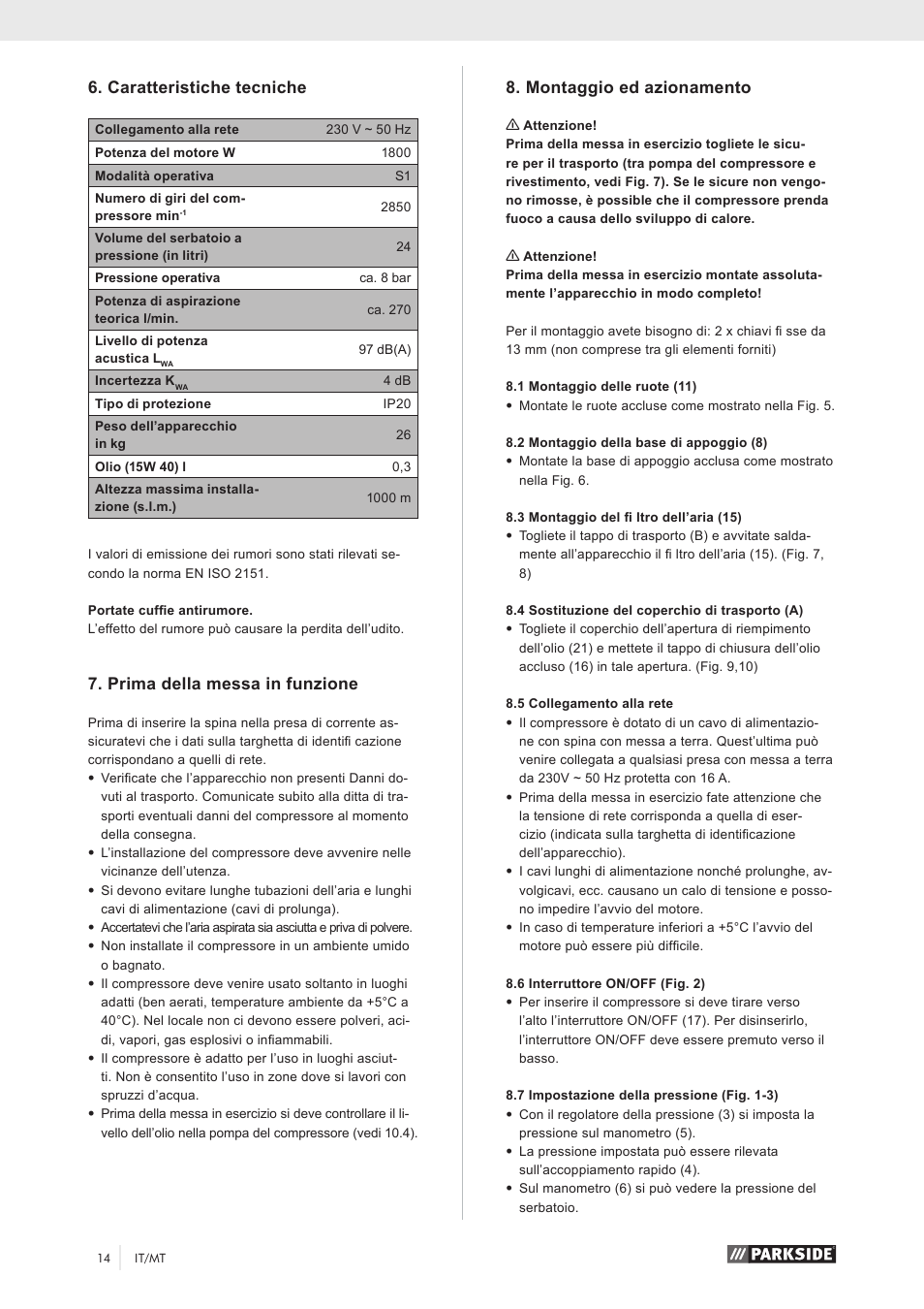 Caratteristiche tecniche, Prima della messa in funzione, Montaggio ed azionamento | Parkside PKO 270 A1 User Manual | Page 19 / 56