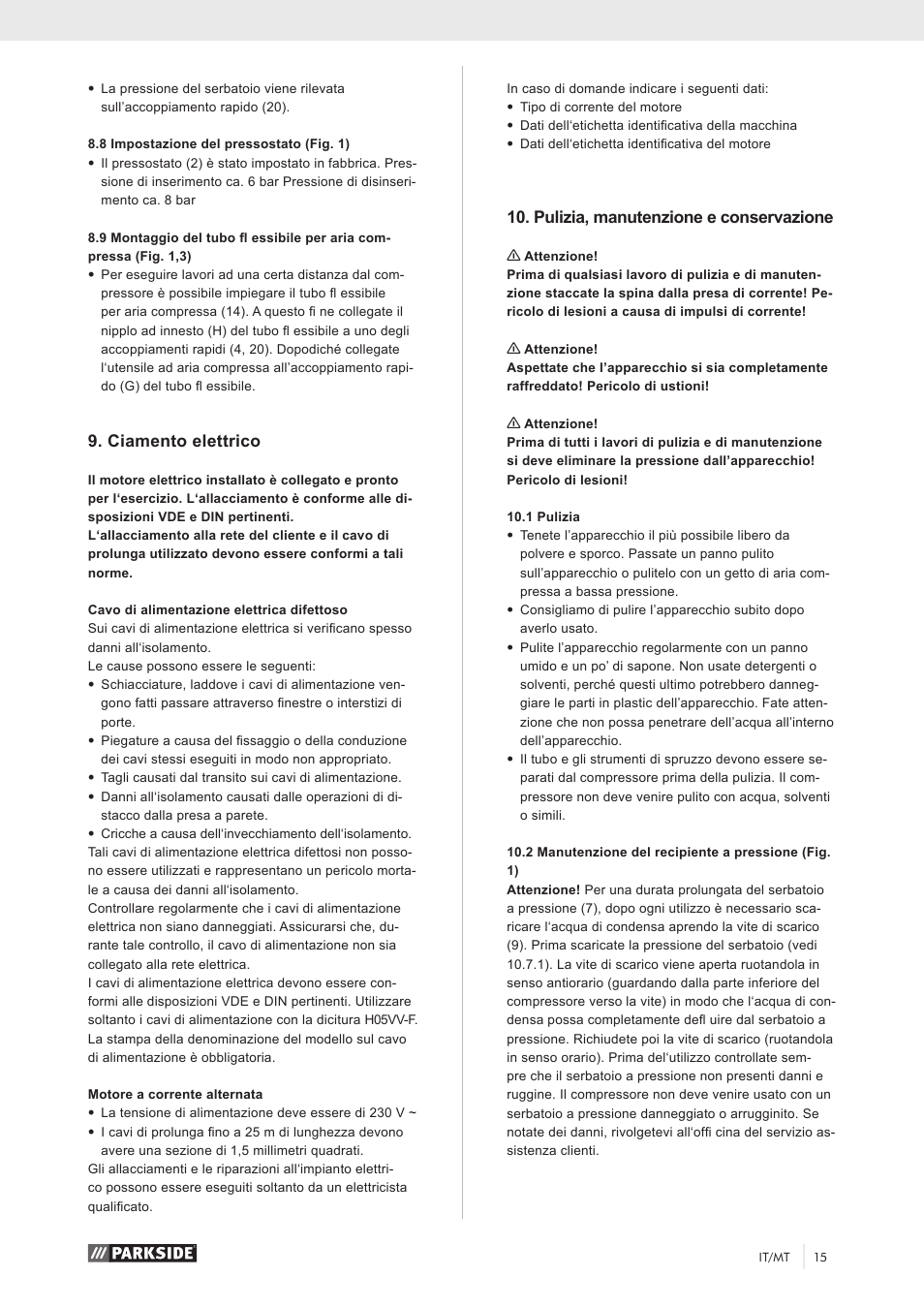 Ciamento elettrico, Pulizia, manutenzione e conservazione | Parkside PKO 270 A1 User Manual | Page 20 / 56