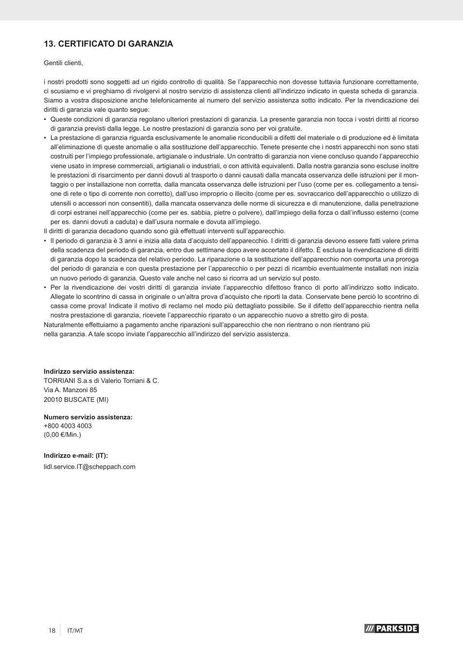 Certificato di garanzia | Parkside PKO 270 A1 User Manual | Page 23 / 56
