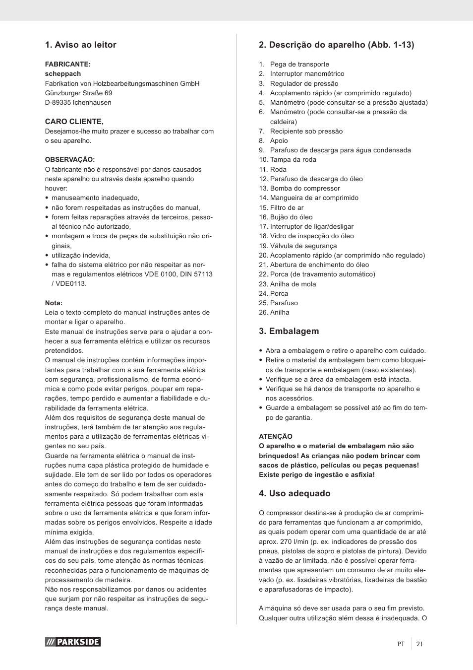 Aviso ao leitor, Descrição do aparelho (abb. 1-13), Embalagem | Uso adequado | Parkside PKO 270 A1 User Manual | Page 26 / 56