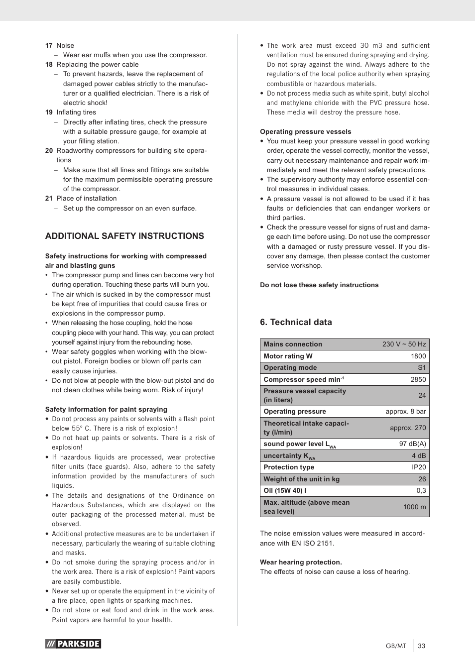 Additional safety instructions, Technical data | Parkside PKO 270 A1 User Manual | Page 38 / 56