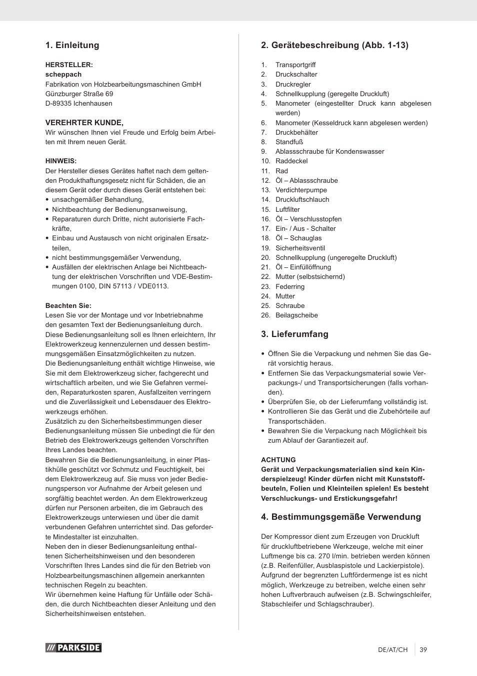 Einleitung, Gerätebeschreibung (abb. 1-13), Lieferumfang | Bestimmungsgemäße verwendung | Parkside PKO 270 A1 User Manual | Page 44 / 56