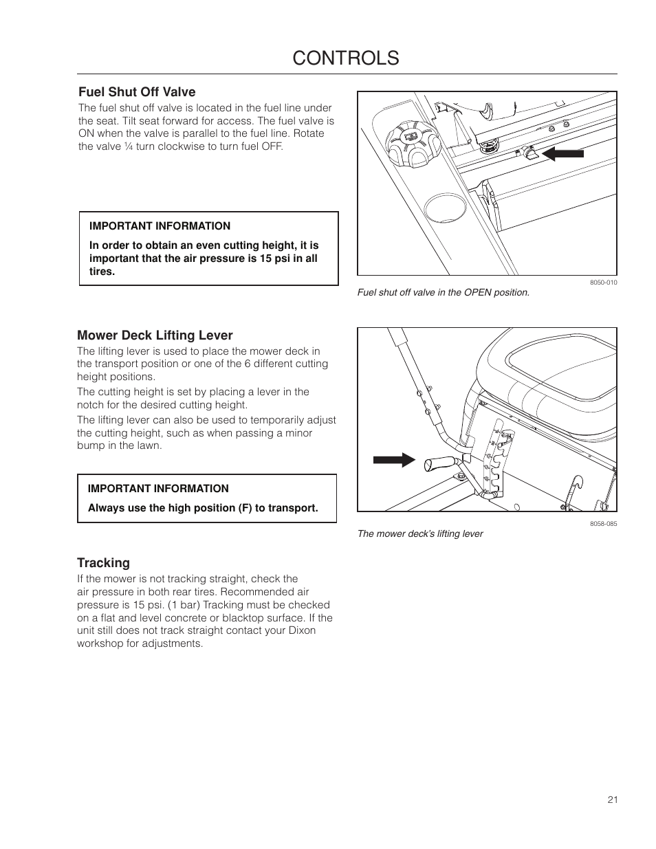 Fuel shut off valve, Mower deck lifting lever, Tracking | Controls | Dixon 115312327R1 User Manual | Page 21 / 56