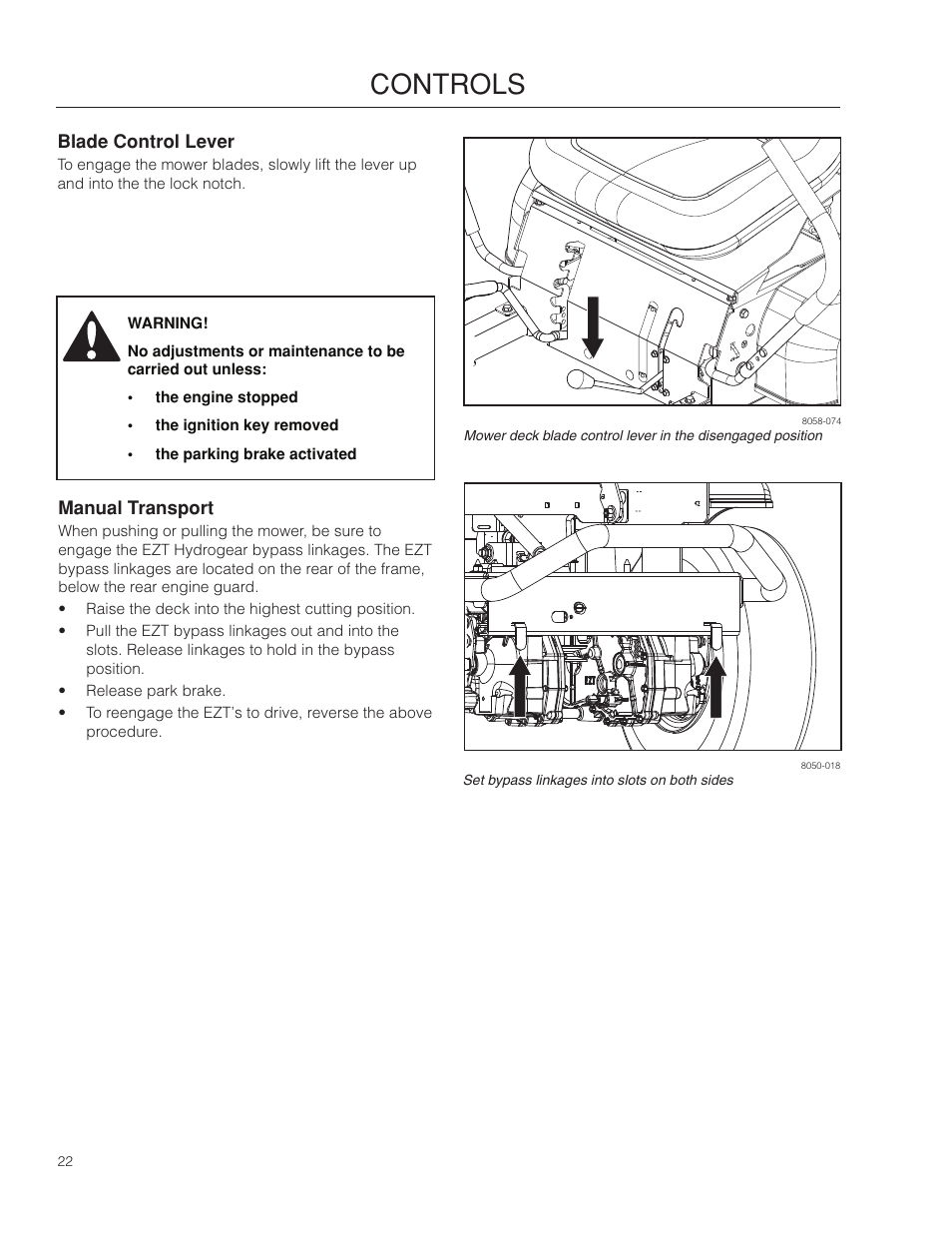 Blade control lever, Manual transport, Controls | Dixon 115312327R1 User Manual | Page 22 / 56