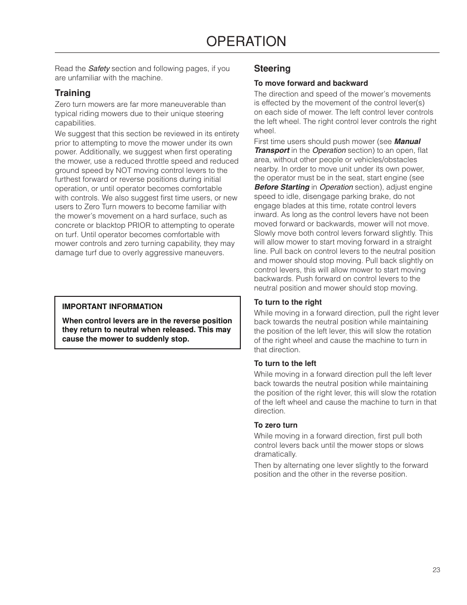 Operation, Training, Steering | Dixon 115312327R1 User Manual | Page 23 / 56