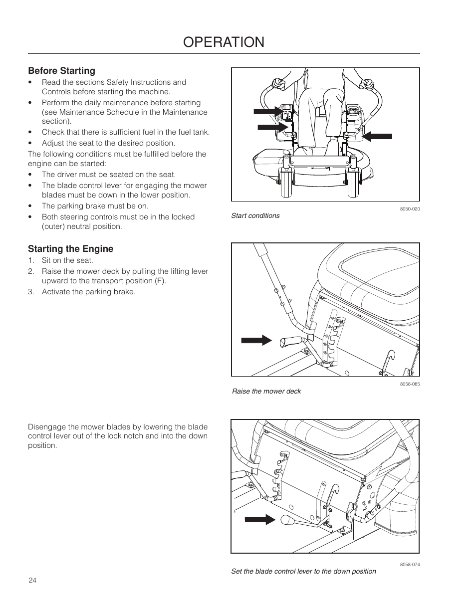 Before starting, Starting the engine, Operation | Dixon 115312327R1 User Manual | Page 24 / 56