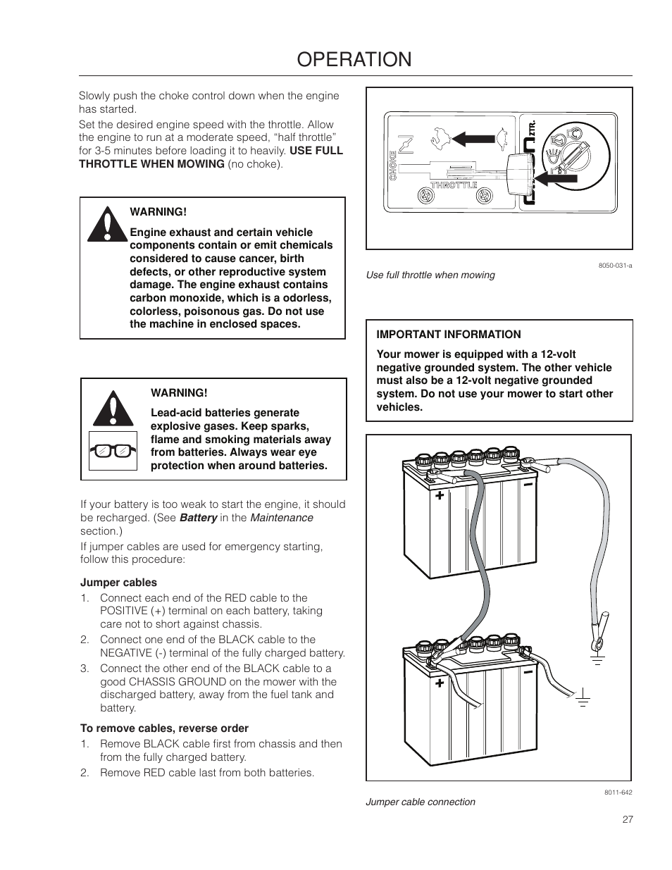 Jumper cables, Operation | Dixon 115312327R1 User Manual | Page 27 / 56