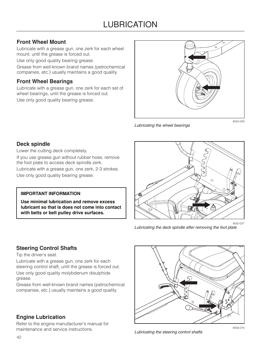 Front wheel mount, Front wheel bearings, Engine lubrication | Steering control shafts, Lubrication | Dixon 115312327R1 User Manual | Page 42 / 56