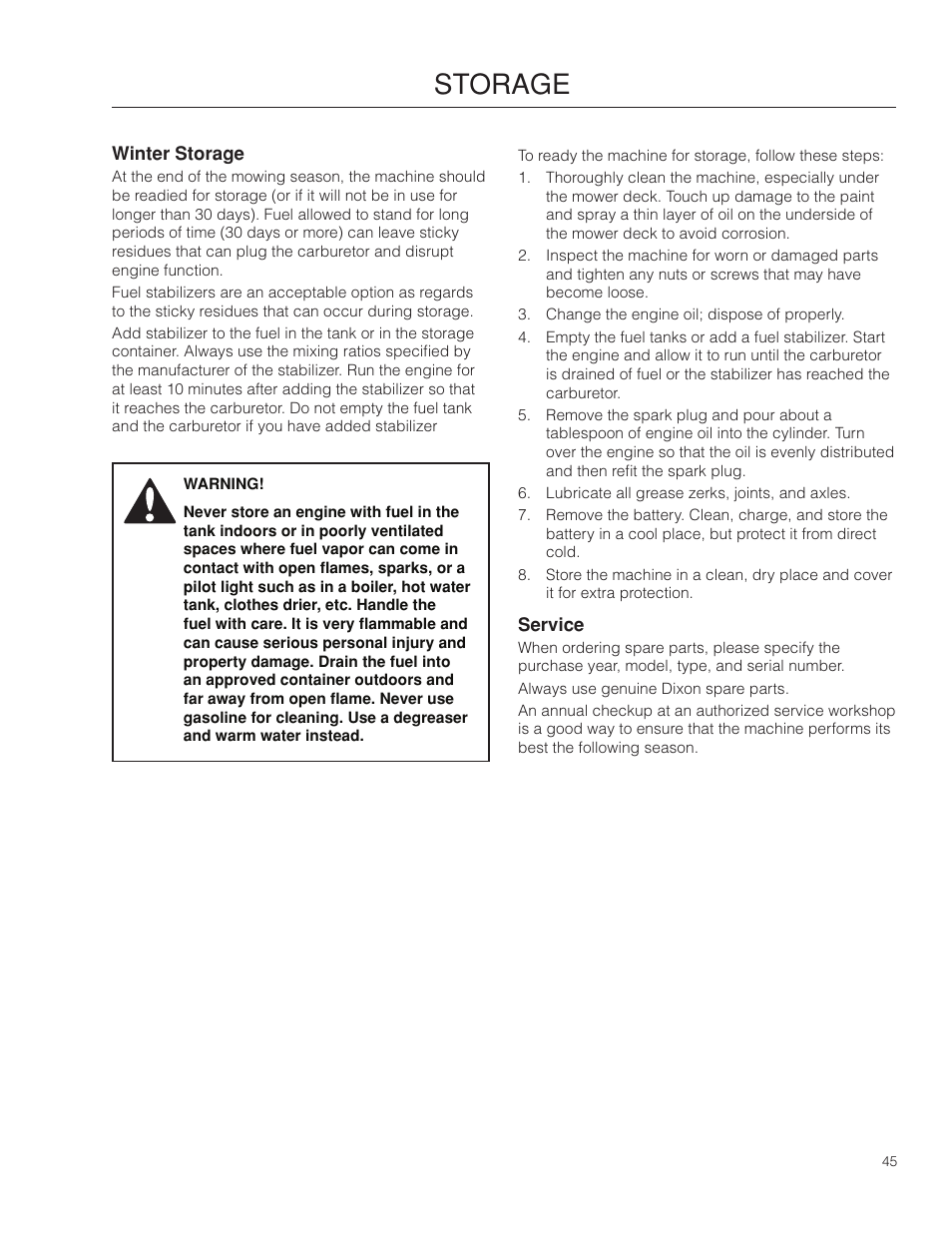 Winter storage, Storage, Service | Dixon 115312327R1 User Manual | Page 45 / 56