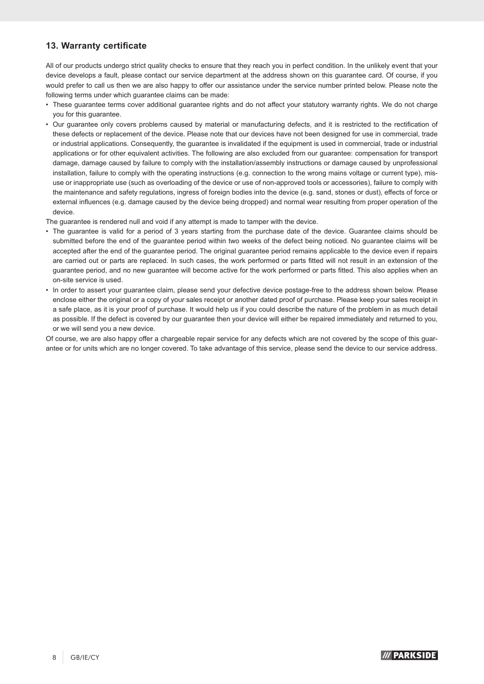 Warranty certificate | Parkside PKO 270 A1 User Manual | Page 13 / 68