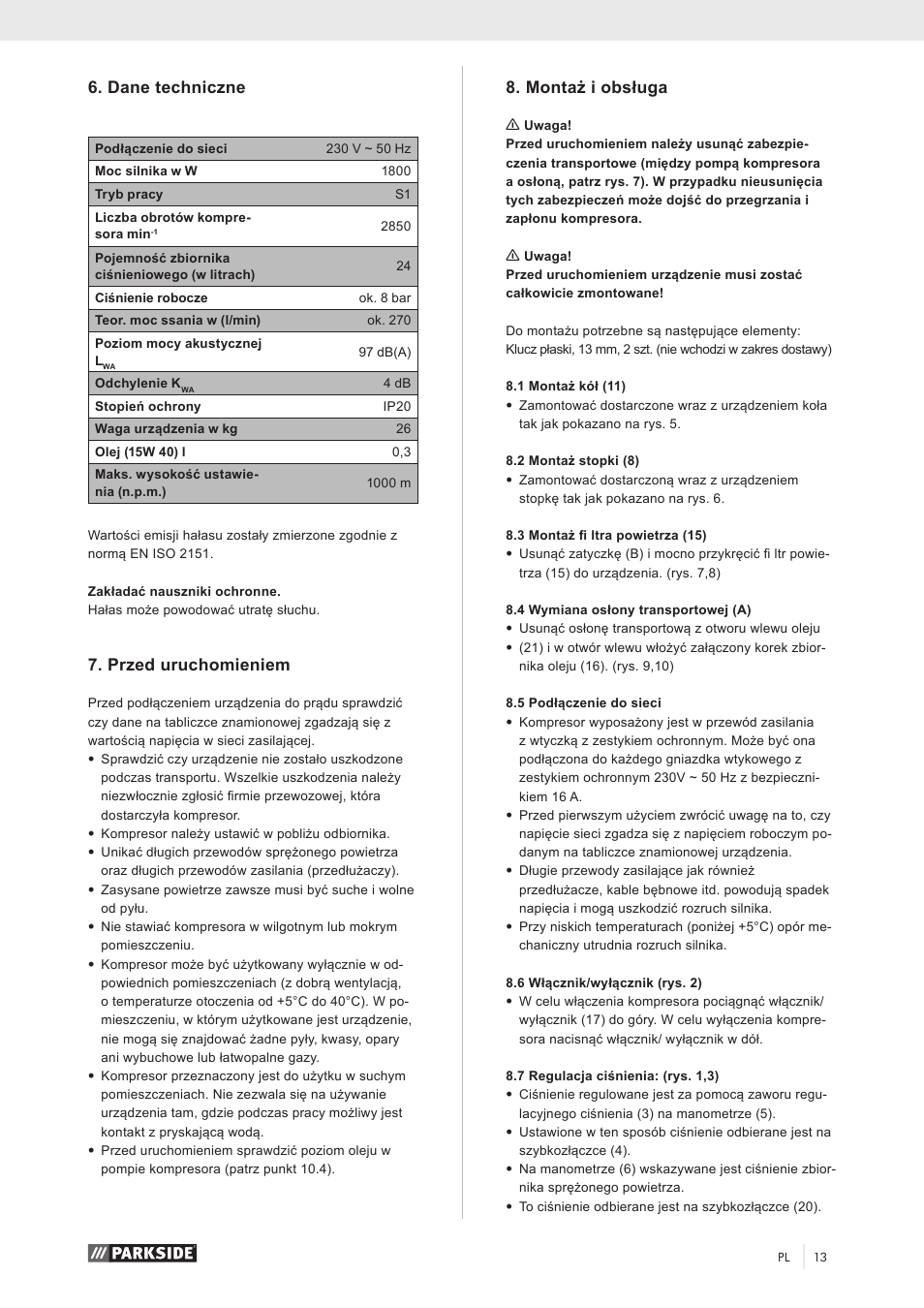 Dane techniczne, Przed uruchomieniem, Montaż i obsługa | Parkside PKO 270 A1 User Manual | Page 18 / 68