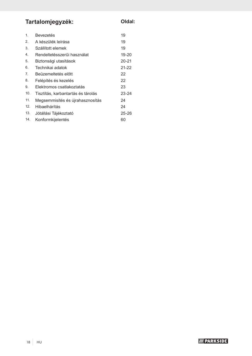 Tartalomjegyzék, Oldal | Parkside PKO 270 A1 User Manual | Page 23 / 68