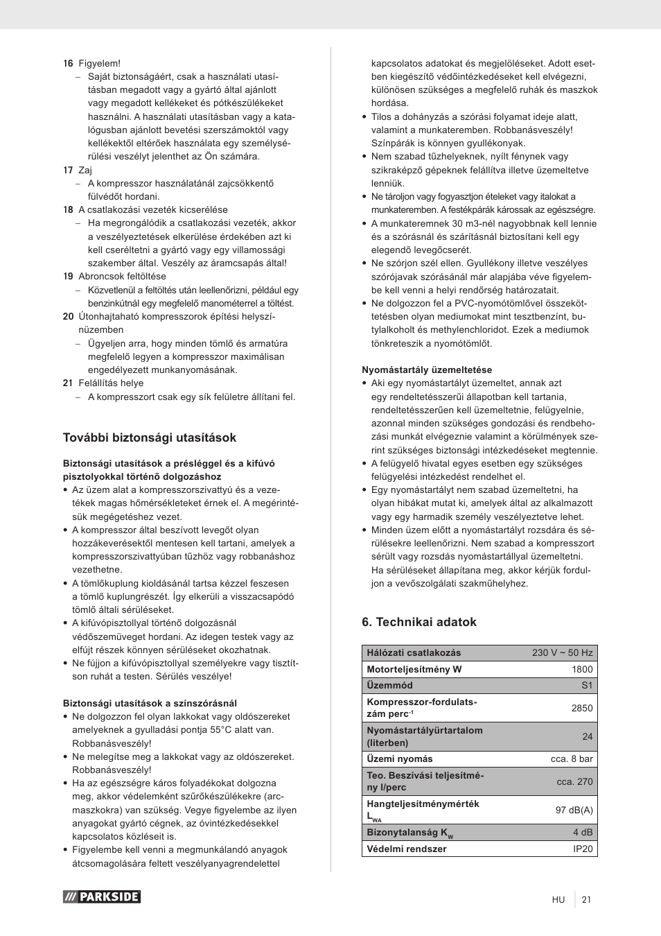 További biztonsági utasítások, Technikai adatok | Parkside PKO 270 A1 User Manual | Page 26 / 68