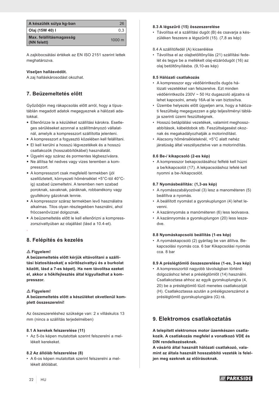 Elektromos csatlakoztatás, Beüzemeltetés előtt, Felépítés és kezelés | Parkside PKO 270 A1 User Manual | Page 27 / 68