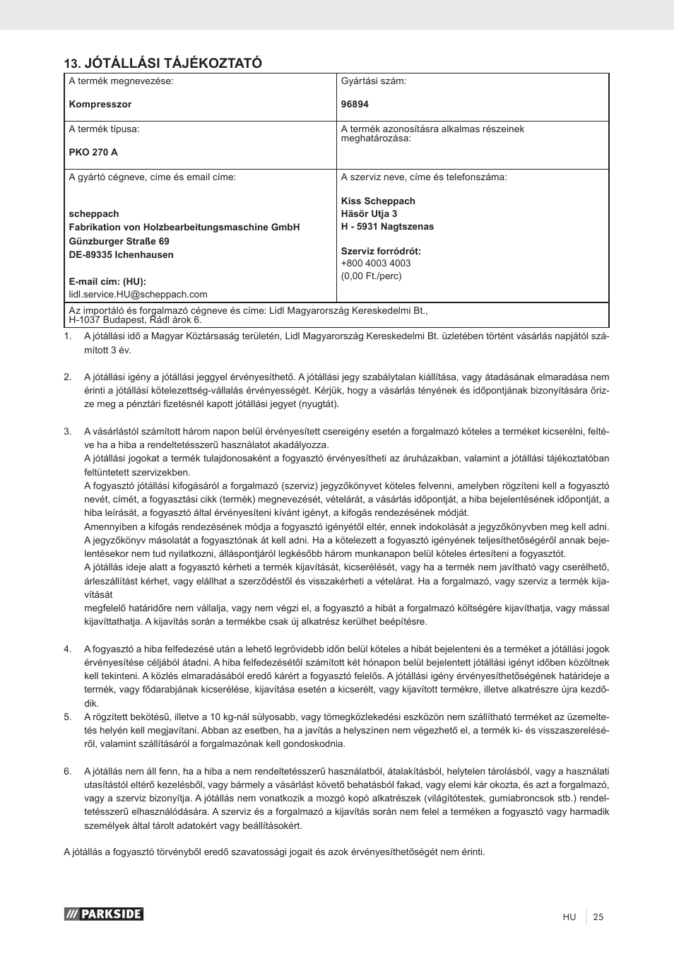Jótállási tájékoztató | Parkside PKO 270 A1 User Manual | Page 30 / 68