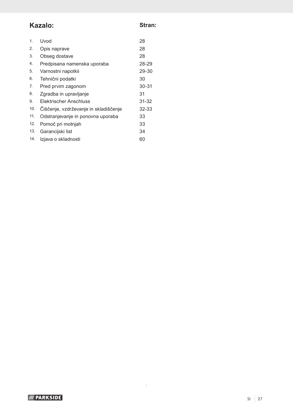 Kazalo, Stran | Parkside PKO 270 A1 User Manual | Page 32 / 68