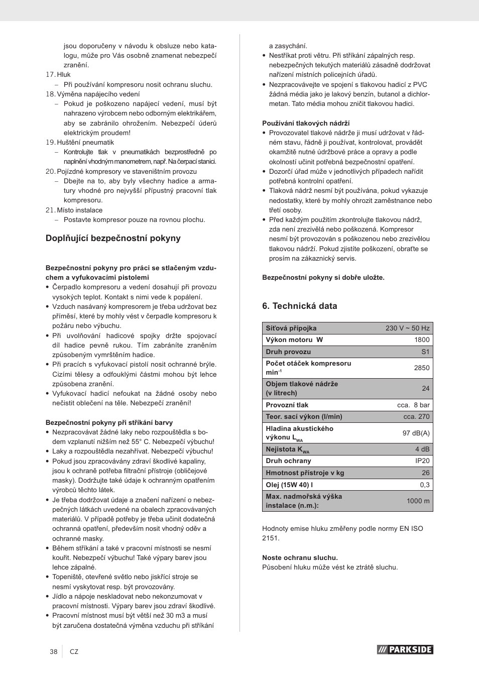 Doplňující bezpečnostní pokyny, Technická data | Parkside PKO 270 A1 User Manual | Page 43 / 68
